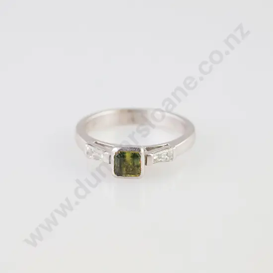 18ct White Gold Three Stone Green Sapphire & Diamond Ring