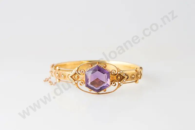 Victorian Cased 9ct Amethyst Hinged Snap Bangle Image 1++