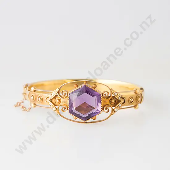 Victorian Cased 9ct Amethyst Hinged Snap Bangle