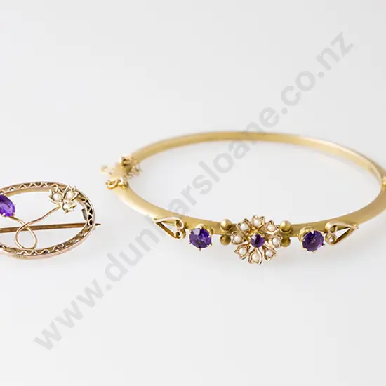 Victorian Cased 9ct Amethyst Hinged Snap Bangle and Brooch