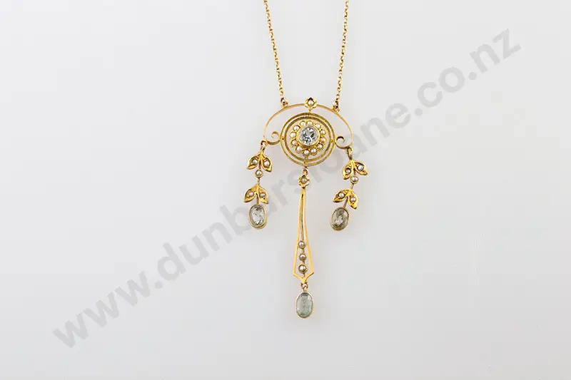 Edwardian 9ct Aquamarine & Seed Pearl Pendant Image 1++