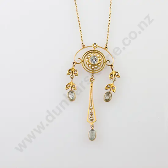 Edwardian 9ct Aquamarine & Seed Pearl Pendant