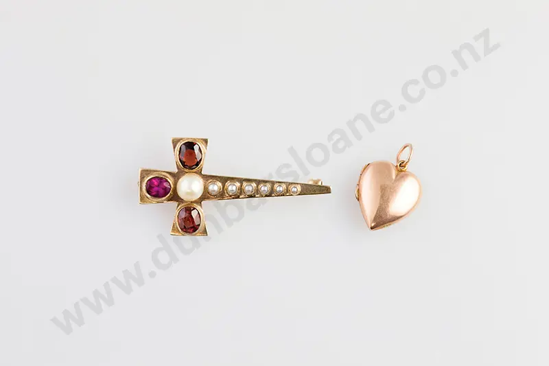 9ct Pearl and Garnet Cross Brooch and Heart Locket Image 1++