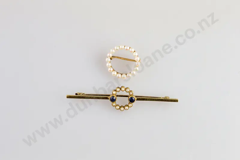 15ct Pearl and Sapphire Bar Brooch and Pearl Circlet Brooch Image 1++