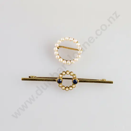 15ct Pearl and Sapphire Bar Brooch and Pearl Circlet Brooch