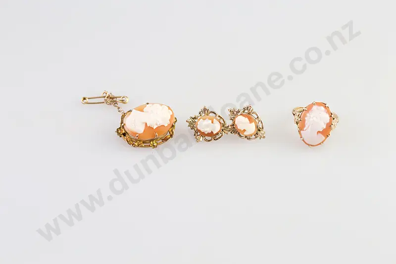 9ct Classic Portrait Cameo Ring, Pair Earrings and Gold Plate Framed Brooch Image 1++