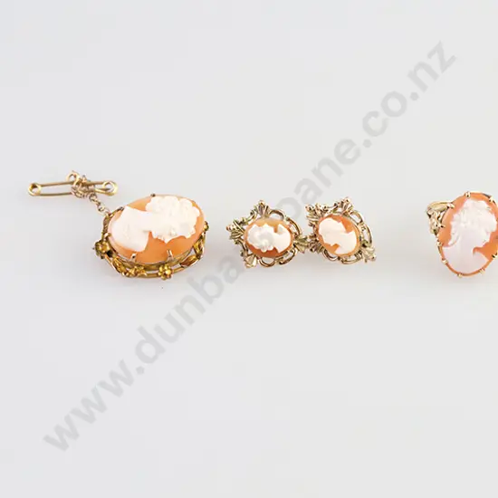 9ct Classic Portrait Cameo Ring, Pair Earrings and Gold Plate Framed Brooch