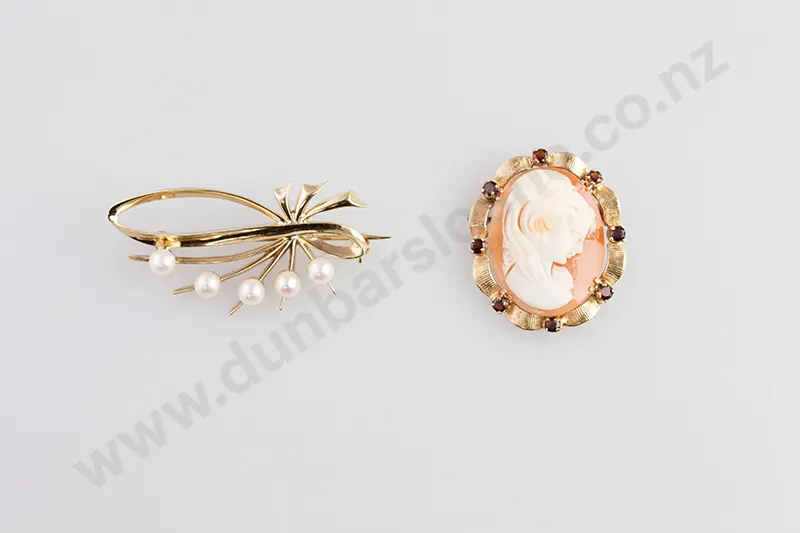9ct Classic Portrait Cameo Brooch and Pearl Brooch Image 1++