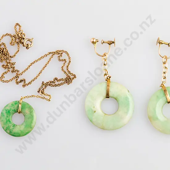 Pair 9ct Mounted Jade Pis Disc Pendant Earrings & Pendant