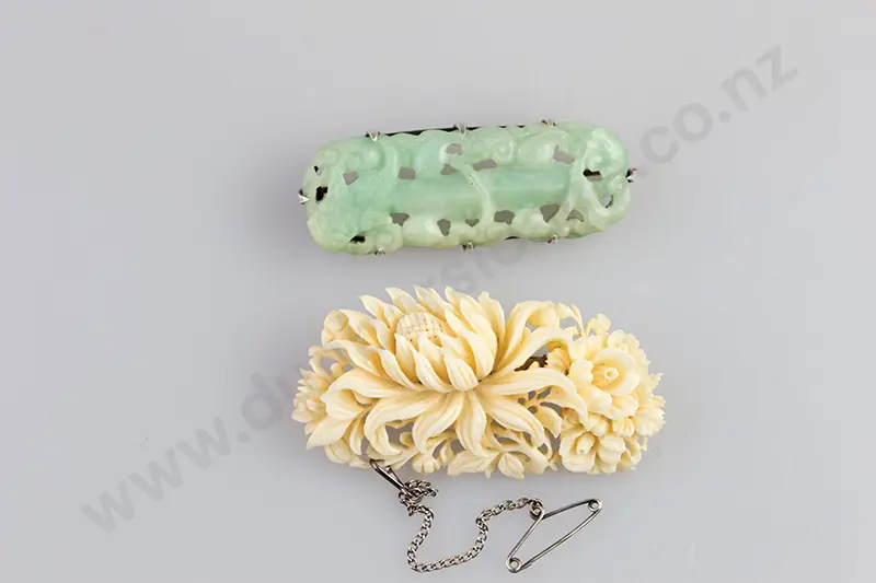 Silver Mounted Light Green Jade Panel Brooch and Ivory Brooch Image 1++