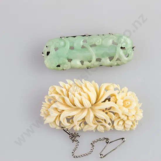 Silver Mounted Light Green Jade Panel Brooch and Ivory Brooch
