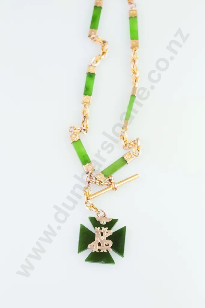 Late Victorian 9ct Mounted Greenstone Rail Albert Chain Image 1++