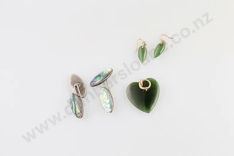 Greenstone Heart Pendant, Pair Earrings and Cuff-Links Image 1++