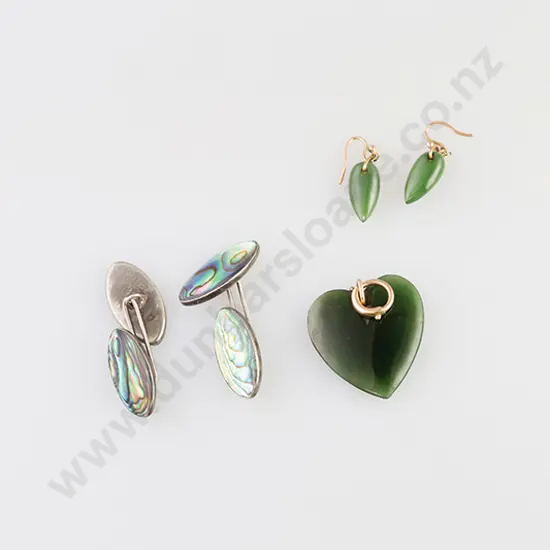 Greenstone Heart Pendant, Pair Earrings and Cuff-Links