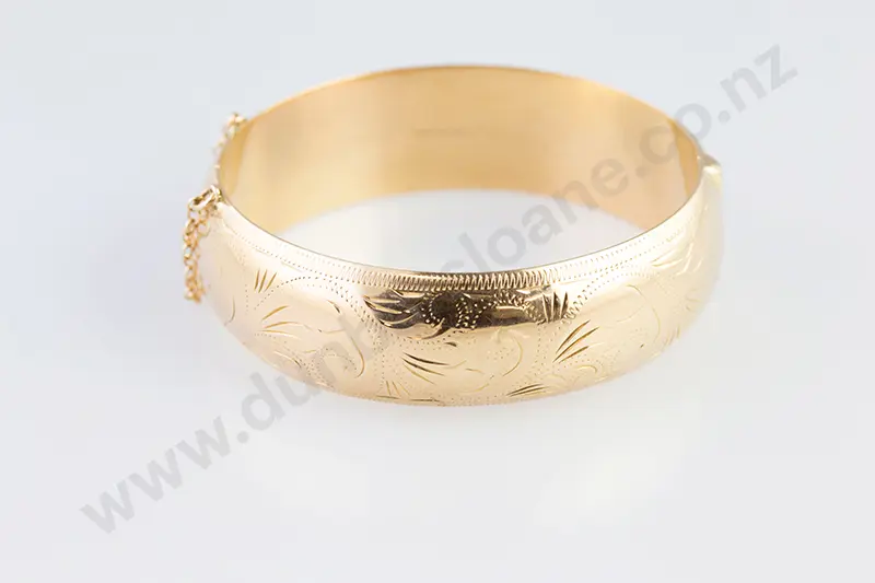 9ct Wide Half Engraved Hinged Snap Bangle Image 1++