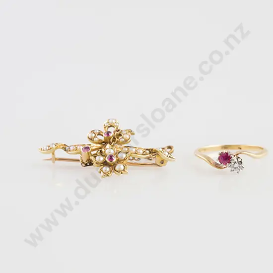 Victorian 15ct Floral & Ribbon Bar Brooch and Rudy/Diamond Ring