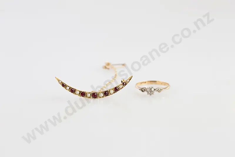 Victorian 9ct Crescent Ruby & Pearl Brooch and Solitaire Diamond Ring Image 1++