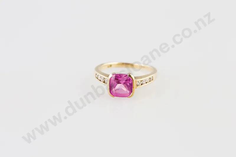 9ct Synthetic Pink Sapphire and Diamond Dress Ring Image 1++