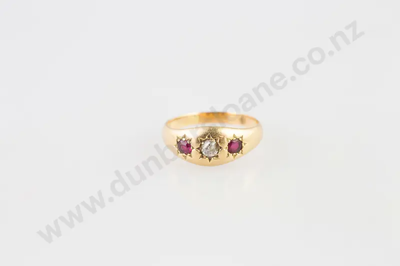 Victorian 15ct Three Stone Ruby and Diamond Band Ring Image 1++
