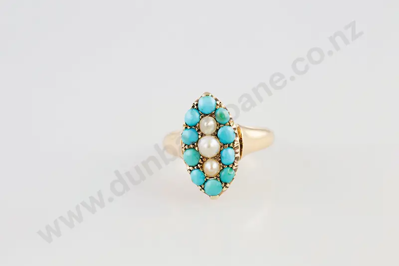 Victorian 18ct 13stone Pearl and Turquoise Marquise Cluster Ring Image 1++