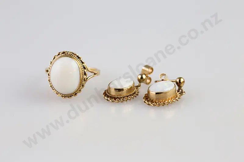 9ct Single Milk Opal Ring and Earrings Image 1++