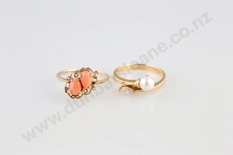 17ct Single Pearl and Diamond Ring and Coral Ring Image 1++
