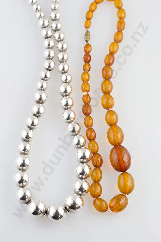 .925 Single Strand Graduated Silver Bead Necklace and Amber Necklace Image 1++