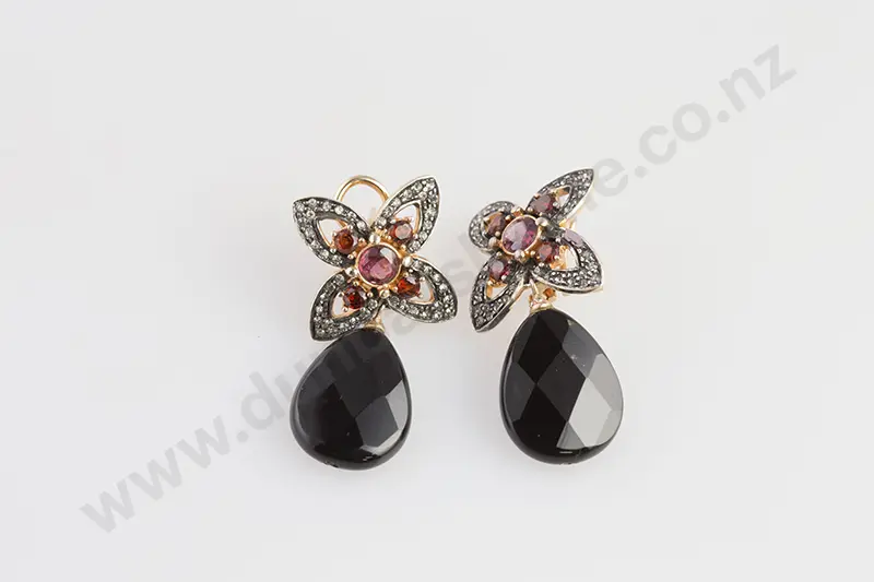 Pair Modern Silver Gilt Garnet and Diamond Paste Pendant Earring Image 1++