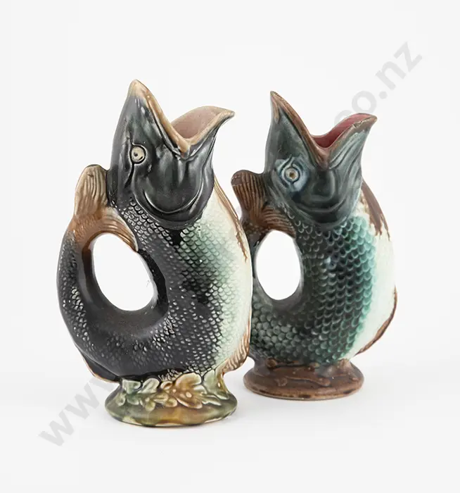 Three Majolica Glazed Fish 'Gluggle' Jugs Image 1++