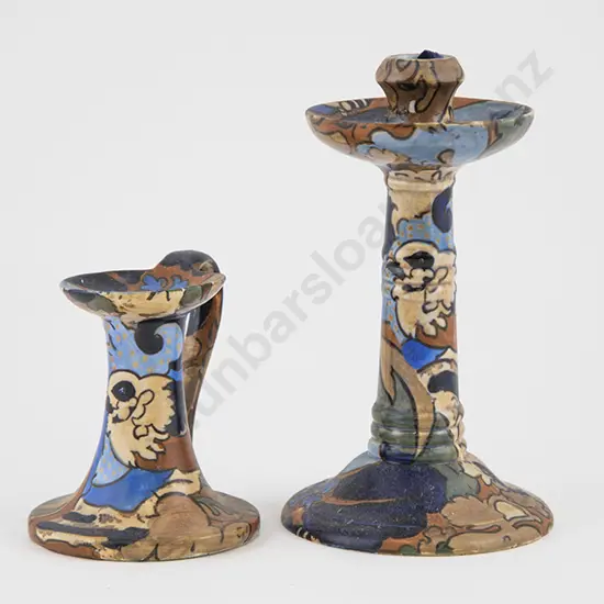 Two Bursley Ware Art Deco Candlesticks "Amstel" design by Frederick Rhead