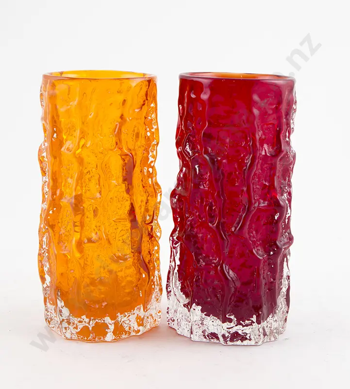 Two Whitefriars Encased Glass 'Bark' Vases tangerine and ruby Image 1++
