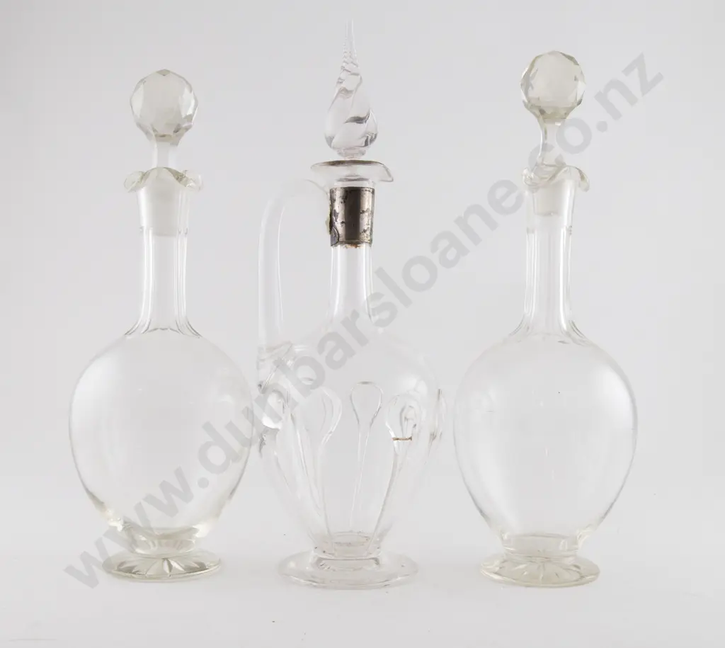 Early C20th Claret Jug, Pair Wine Decanters Image 1++