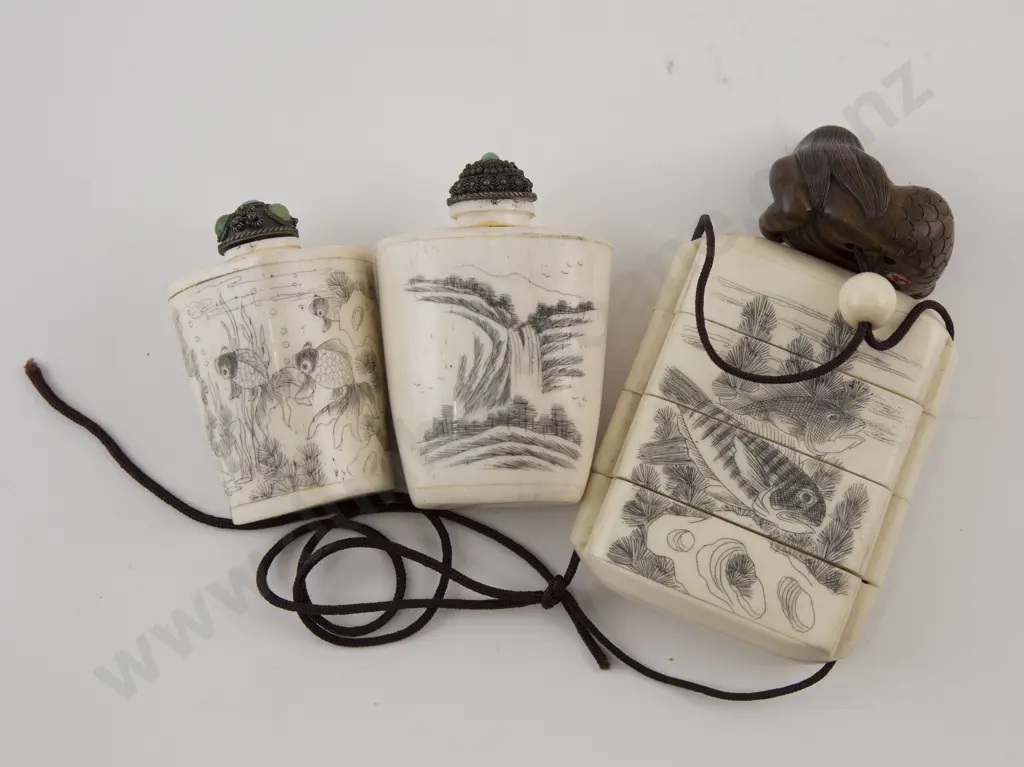 Bone Four Section Inro, Two Snuff Bottles Image 1++