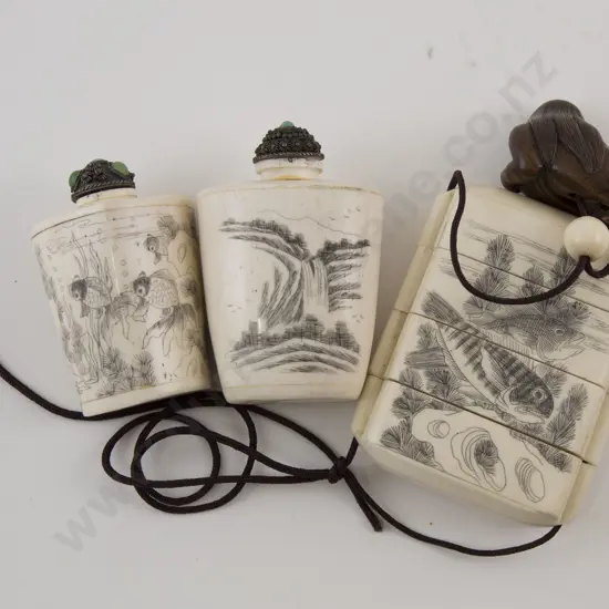 Bone Four Section Inro, Two Snuff Bottles