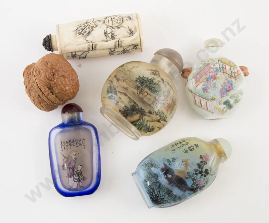 Collection of Five Snuff Bottles and Carved Walnut Image 1++