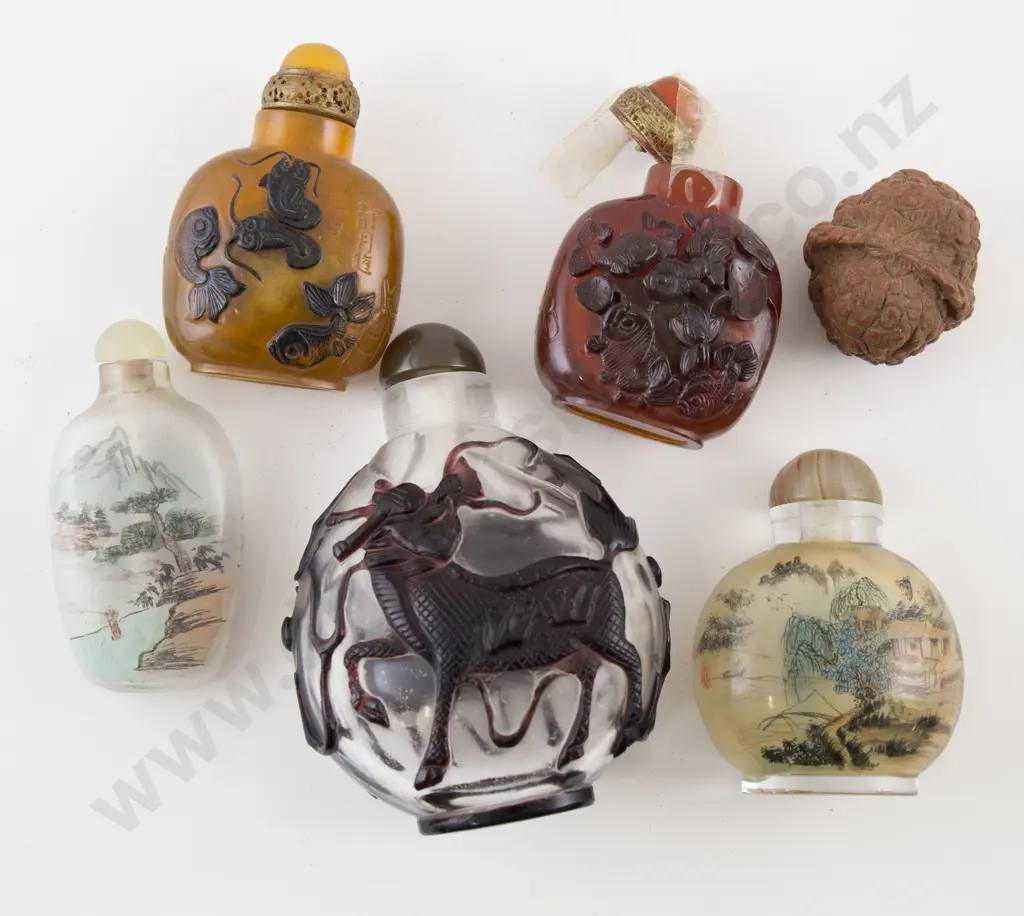 Collection of Five Snuff Bottles and Carved Walnut Image 1++