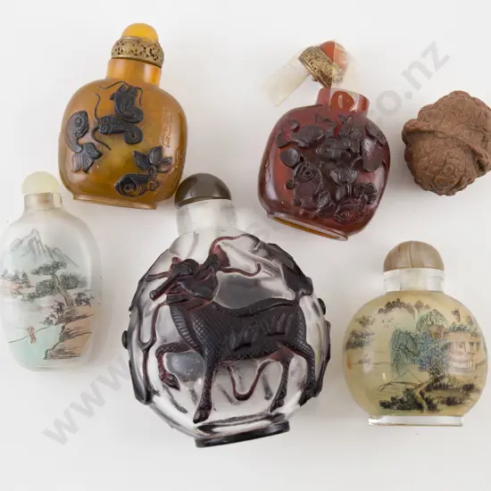 Collection of Five Snuff Bottles and Carved Walnut