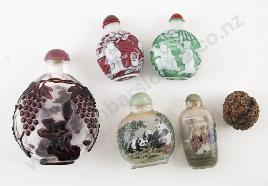 Collection of Five Snuff Bottles and Carved Walnut Image 1++