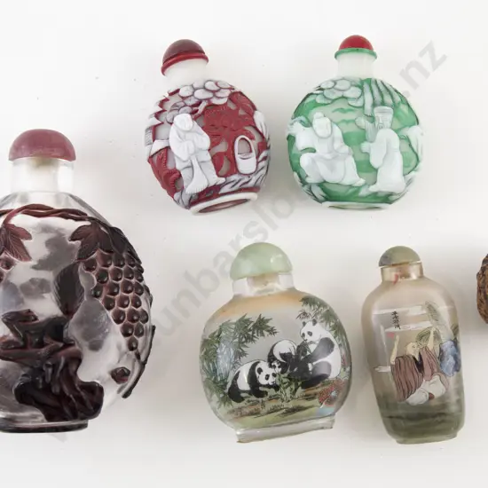Collection of Five Snuff Bottles and Carved Walnut