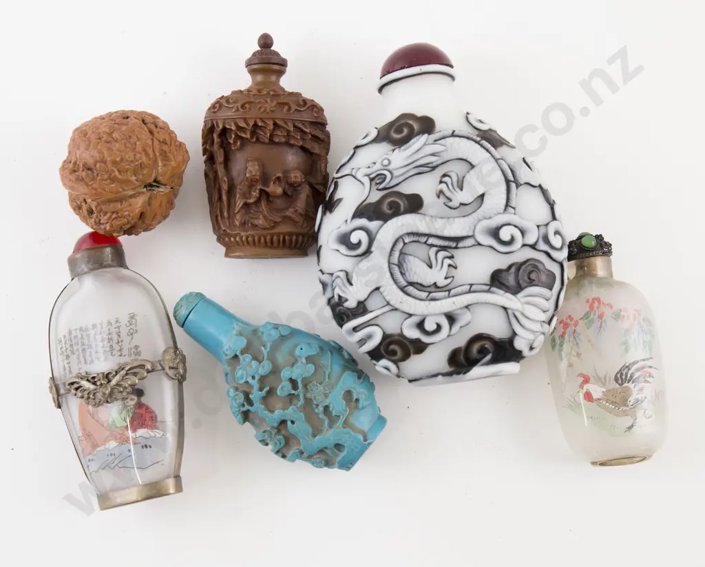 Collection of Five Snuff Bottles and Carved Walnut Image 1++