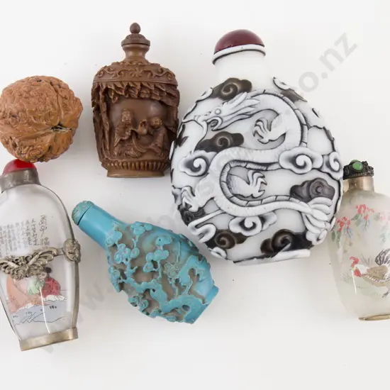 Collection of Five Snuff Bottles and Carved Walnut