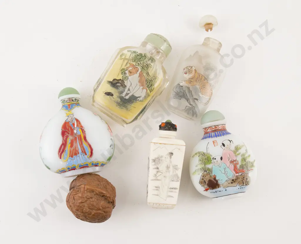 Collection of Five Snuff Bottles and Carved Walnut Image 1++