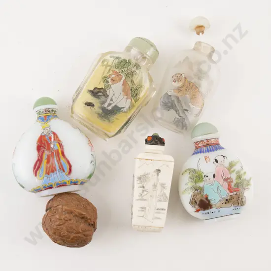 Collection of Five Snuff Bottles and Carved Walnut