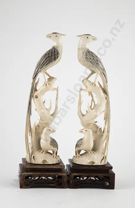 Carved Ivory Pair of Exotic Bird Figures Image 1++