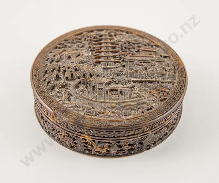 Finely Carved Circular Tortoiseshell Vanity Box Image 1++