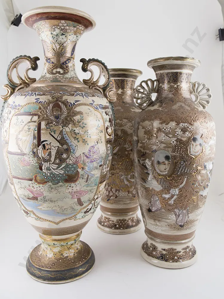 Late C19th Exportware Satsuma Pair and Single Mantel Vases Image 1++