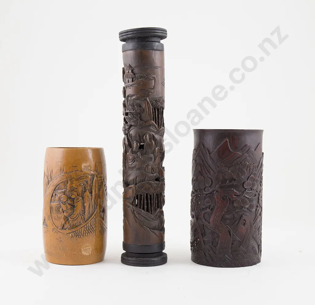 Two Bamboo Brush Pots and Scroll Holder Image 1++