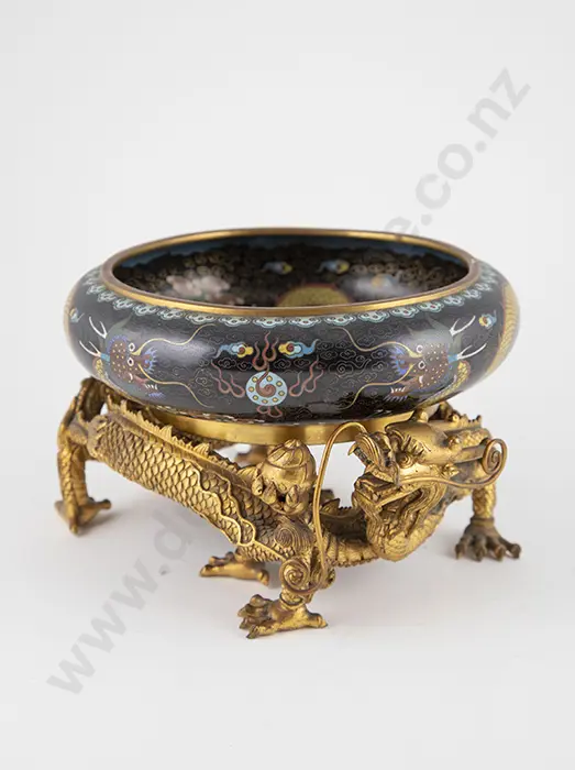 Gilt Bronze Coiled Double Dragon Urn Stand with Cloisonne Bowl Image 1++
