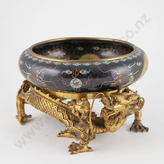 Gilt Bronze Coiled Double Dragon Urn Stand with Cloisonne Bowl