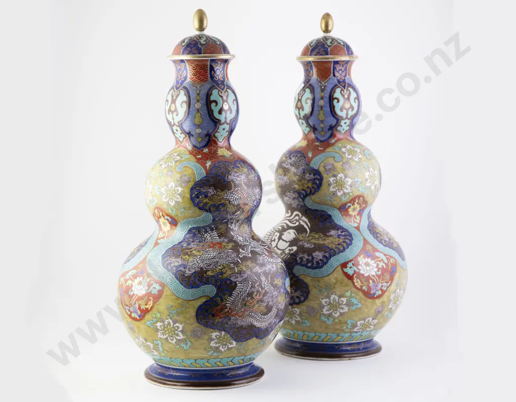 Pair of Triple Gourd Mantel Vase and Covers Image 1++